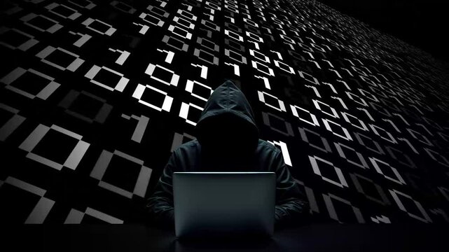 Hacker working on laptop on abstract digital background