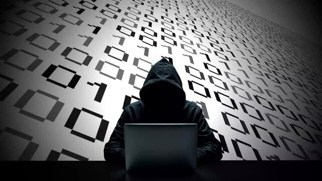 Hacker working on laptop on abstract digital background