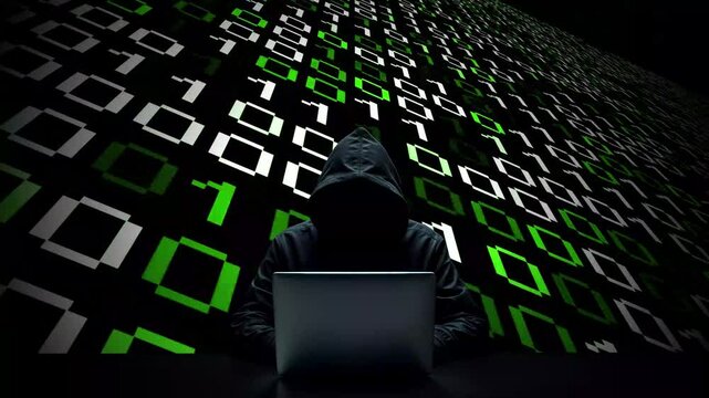 Hacker working on laptop on abstract digital background