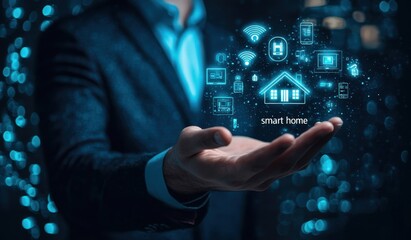 Businessman presenting smart home technology innovations and icons