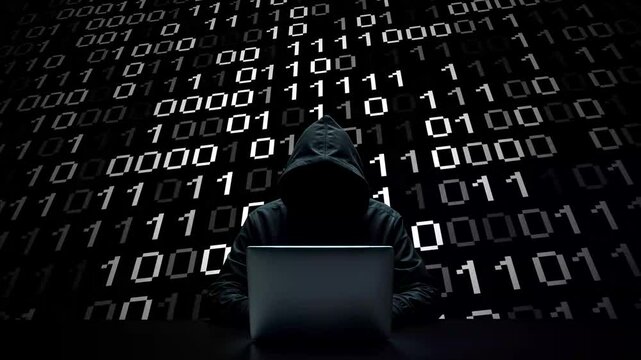 Hacker working on laptop on abstract digital background