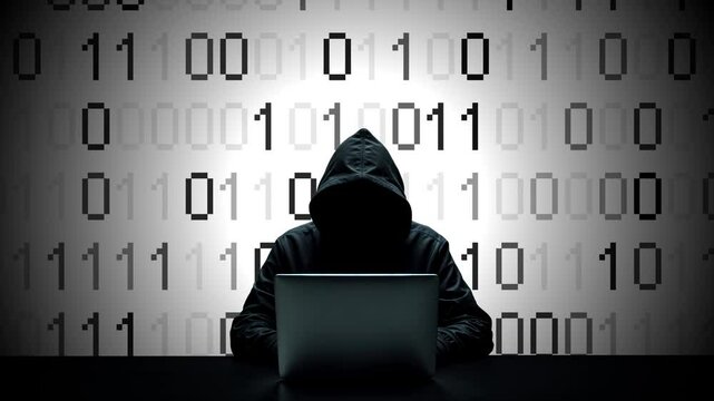 Hacker working on laptop on abstract digital background