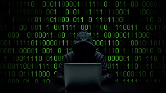 Hacker working on laptop on abstract digital background