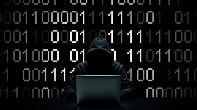 Hacker working on laptop on abstract digital background