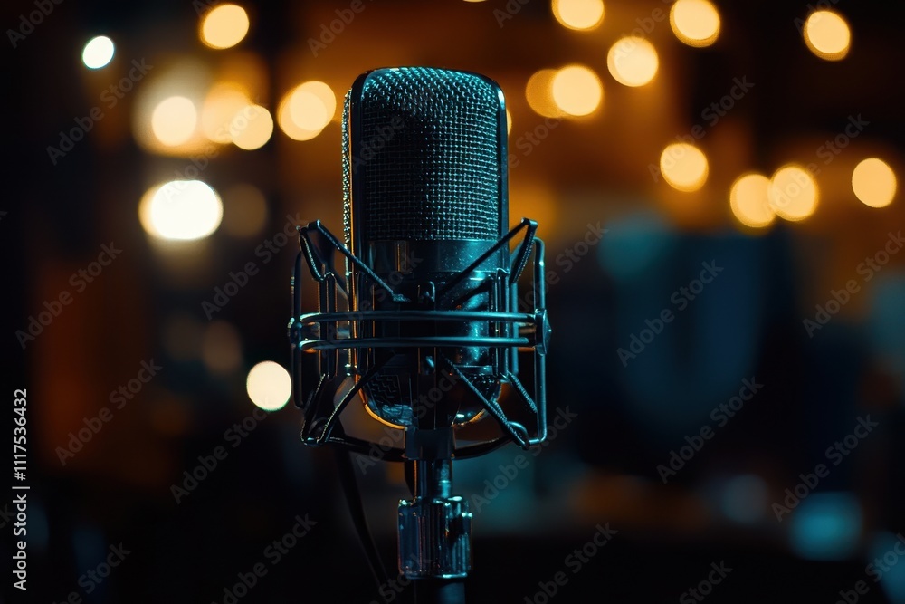 Poster a close-up of a microphone with a blurred background of lights, suggesting a recording setting.
