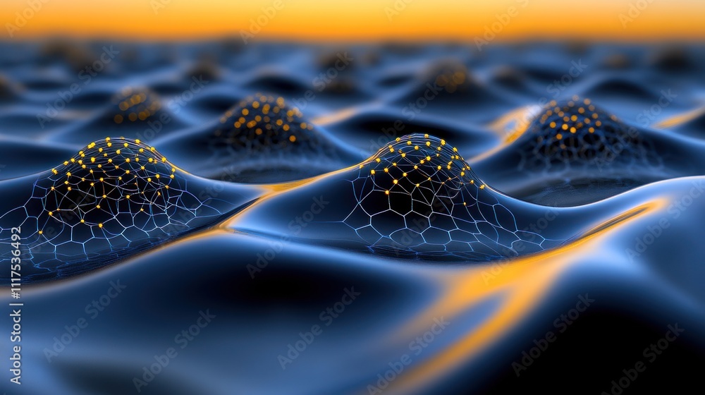 Poster abstract network nodes on wavy surface at sunset
