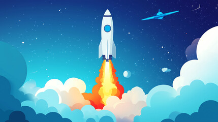 Obraz premium white rocket launching dramatically from a bed of fluffy clouds