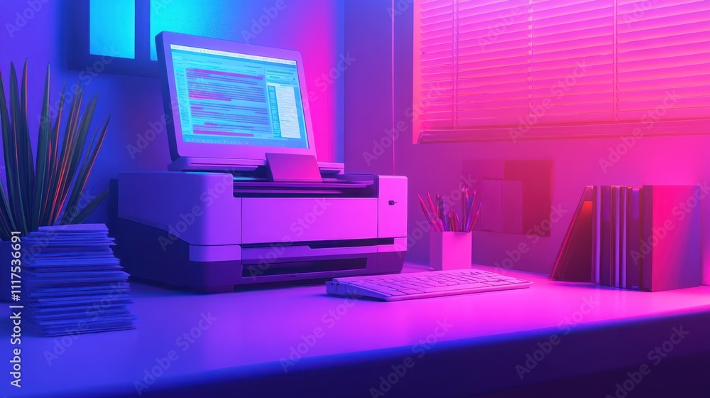 Poster Neon Lit Workspace With Printer Computer And Papers