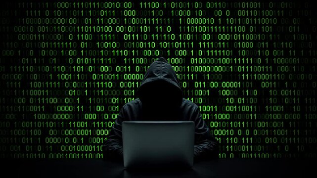 Hacker working on laptop on abstract digital background