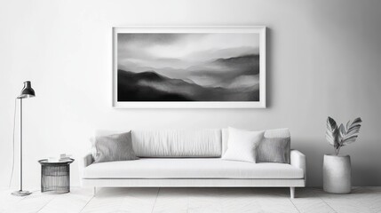 Monochromatic Mountain Landscape Artwork Above White Sofa