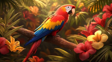 Obraz premium A vibrant parrot perched on a branch surrounded by colorful tropical flowers.