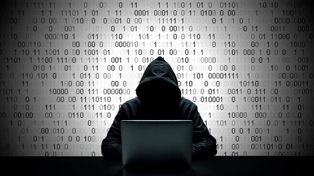 Hacker working on laptop on abstract digital background