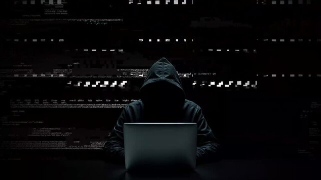 Hacker working on laptop on abstract digital background
