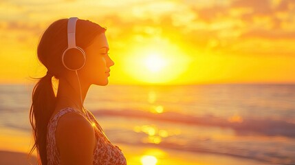 A woman listening to music with wireless headphones during a sunset walk along the beach