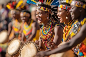 Colorful cultural celebration featuring dancers and drummers in traditional attire at an outdoor festival