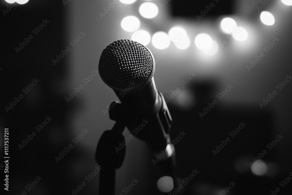Poster a close-up of a microphone with blurred lights in the background, suggesting a performance setting.