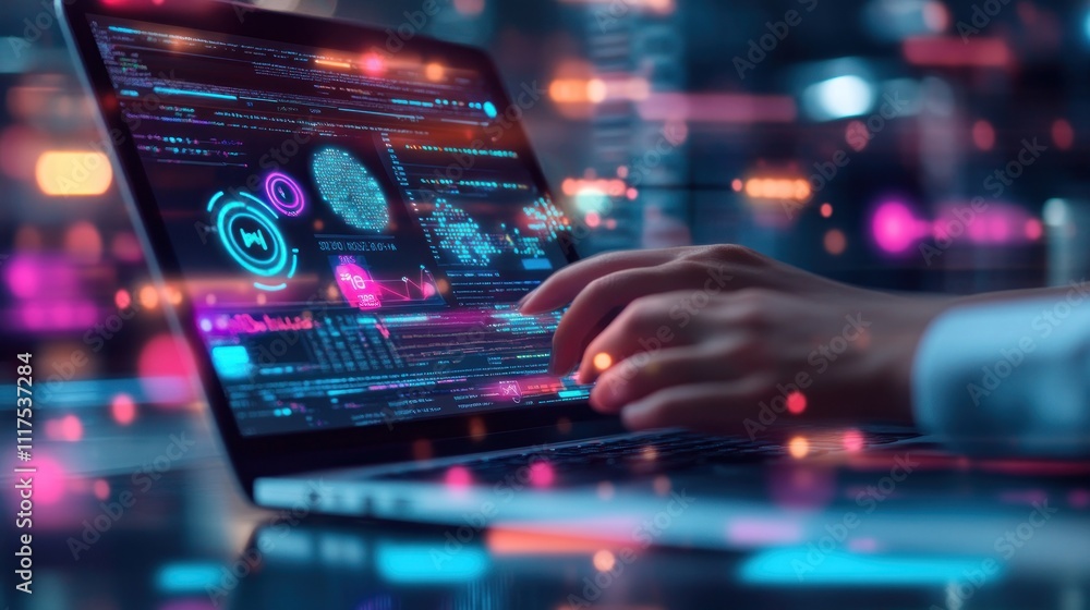 Poster Hands Coding Futuristic Interface On Laptop Screen