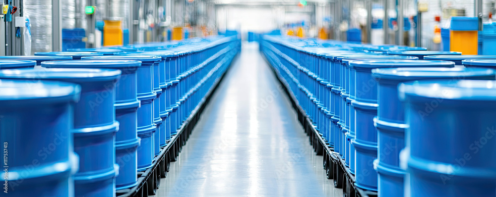 Poster a clean, organized factory floor lined with blue barrels for efficient storage.