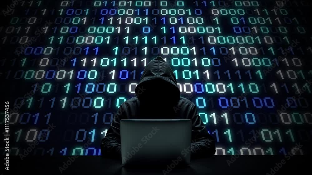 Aufkleber hacker working on laptop on abstract digital background