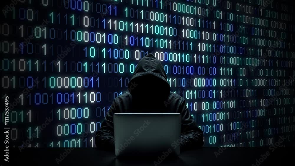 Aufkleber hacker working on laptop on abstract digital background