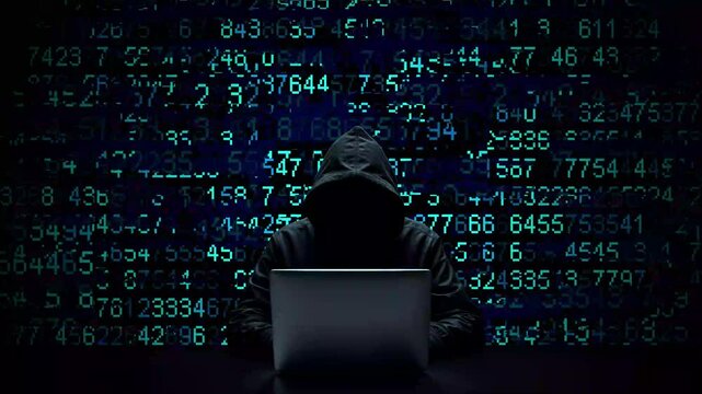 Hacker working on laptop on abstract digital background