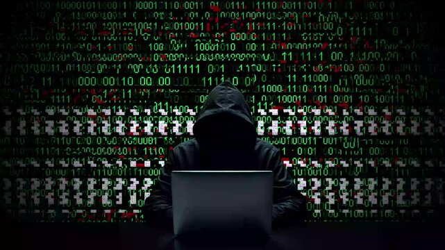 Hacker working on laptop on abstract digital background