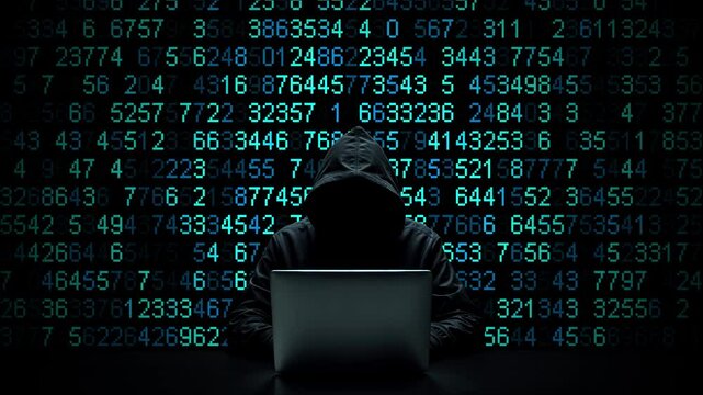 Hacker working on laptop on abstract digital background