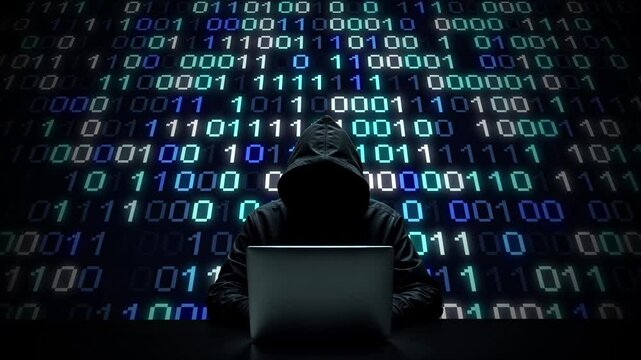 Hacker working on laptop on abstract digital background