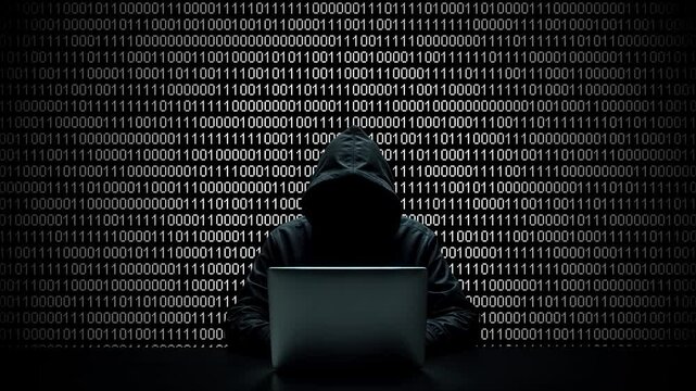 Hacker working on laptop on abstract digital background