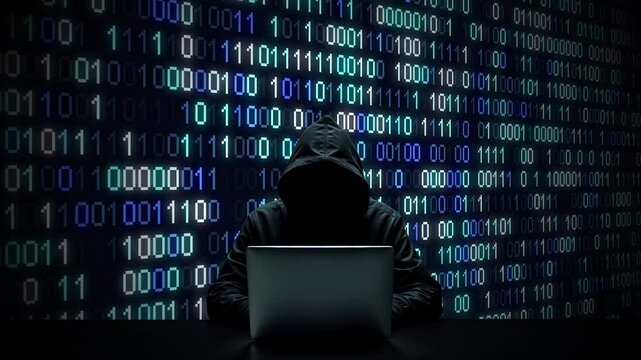 Hacker working on laptop on abstract digital background