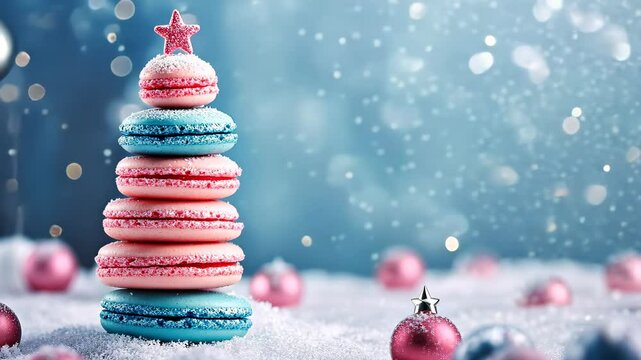 Christmas tree made of colorful food macarons with silver star and bokeh lights blue and pink color with copy space