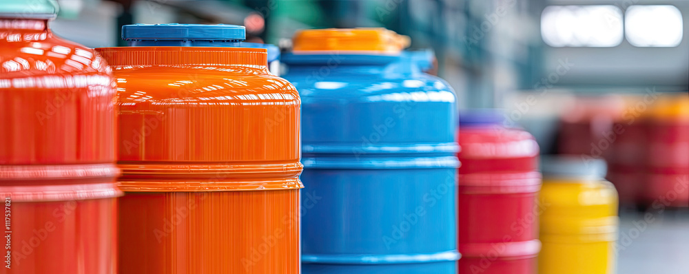 Poster A colorful array of industrial containers lined up in a modern warehouse setting.