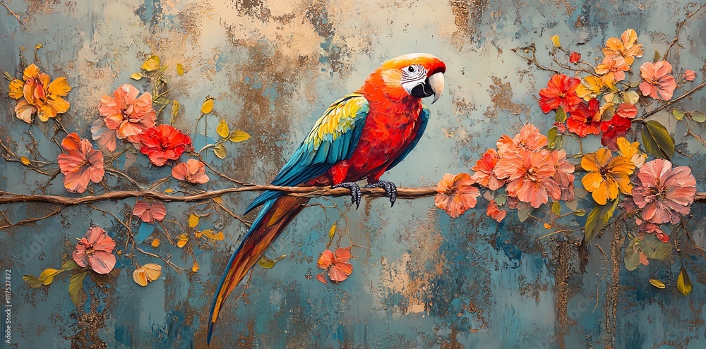 Poster a vibrant parrot perched on a branch surrounded by colorful flowers against a textured background.