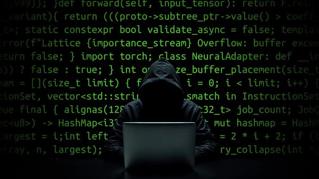 Hacker working on laptop on abstract digital background