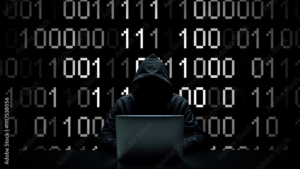 Wall mural hacker working on laptop on abstract digital background