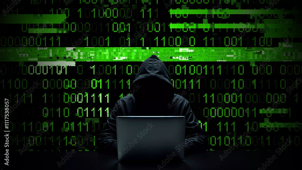 Wall mural hacker working on laptop on abstract digital background