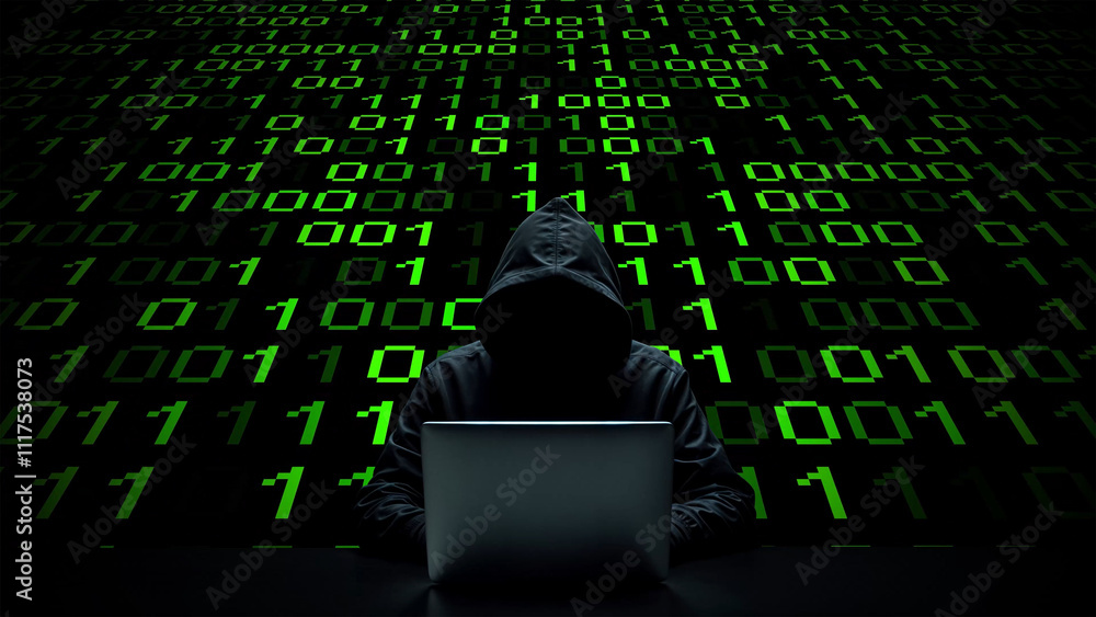 Poster hacker working on laptop on abstract digital background