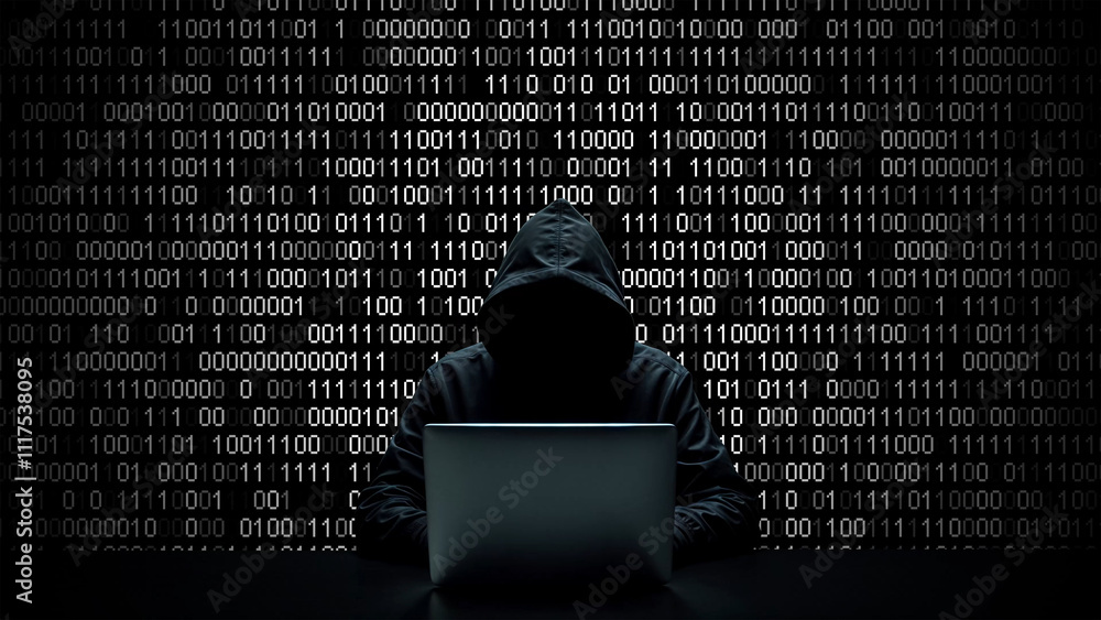 Poster hacker working on laptop on abstract digital background