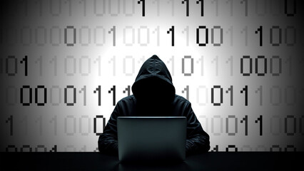 Hacker working on laptop on abstract digital background