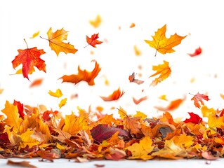 A collection of autumn leaves floating in the air, creating a vibrant seasonal scene.