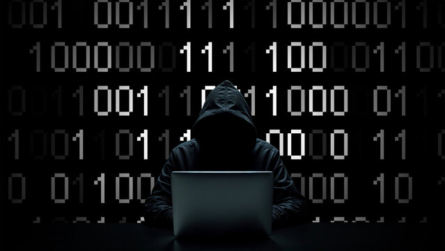 Hacker working on laptop on abstract digital background