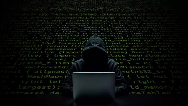 Hacker working on laptop on abstract digital background