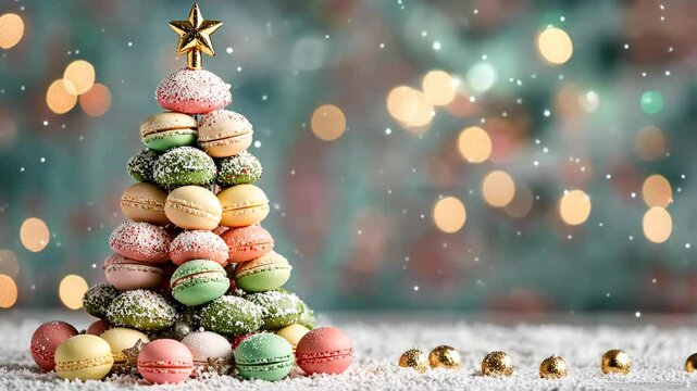 Christmas tree made of colorful macarons with golden star and snowflakes with copy space