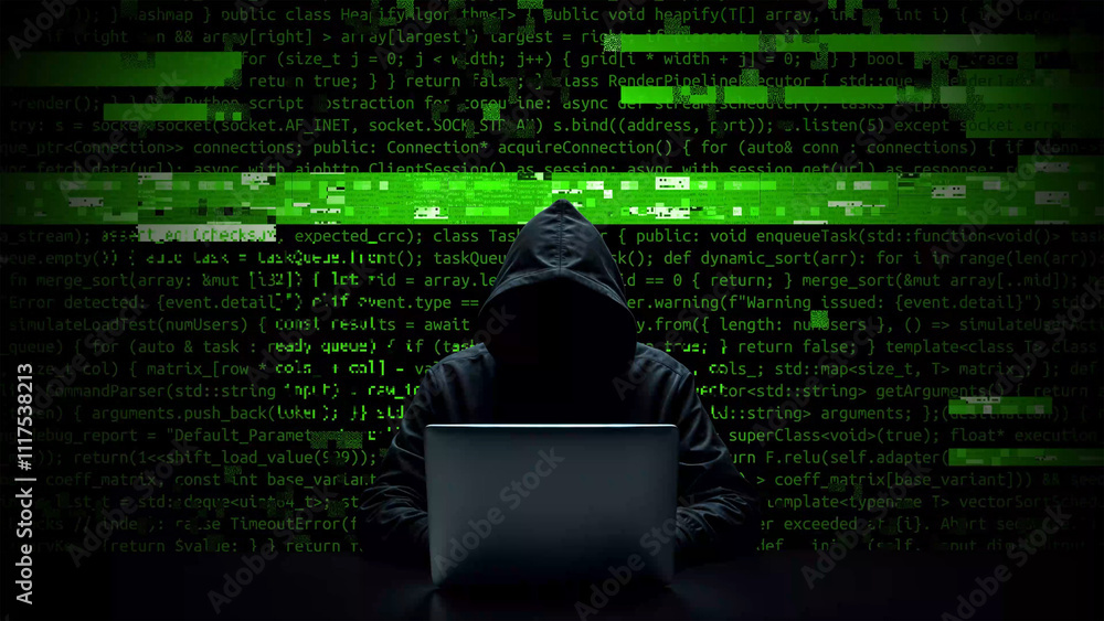 Poster hacker working on laptop on abstract digital background