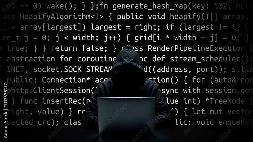 Poster hacker working on laptop on abstract digital background