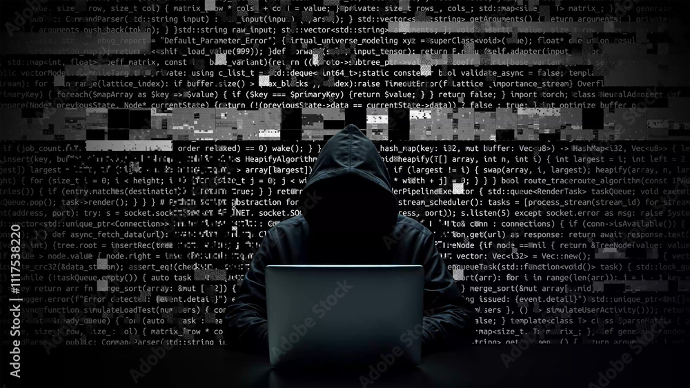 Poster hacker working on laptop on abstract digital background