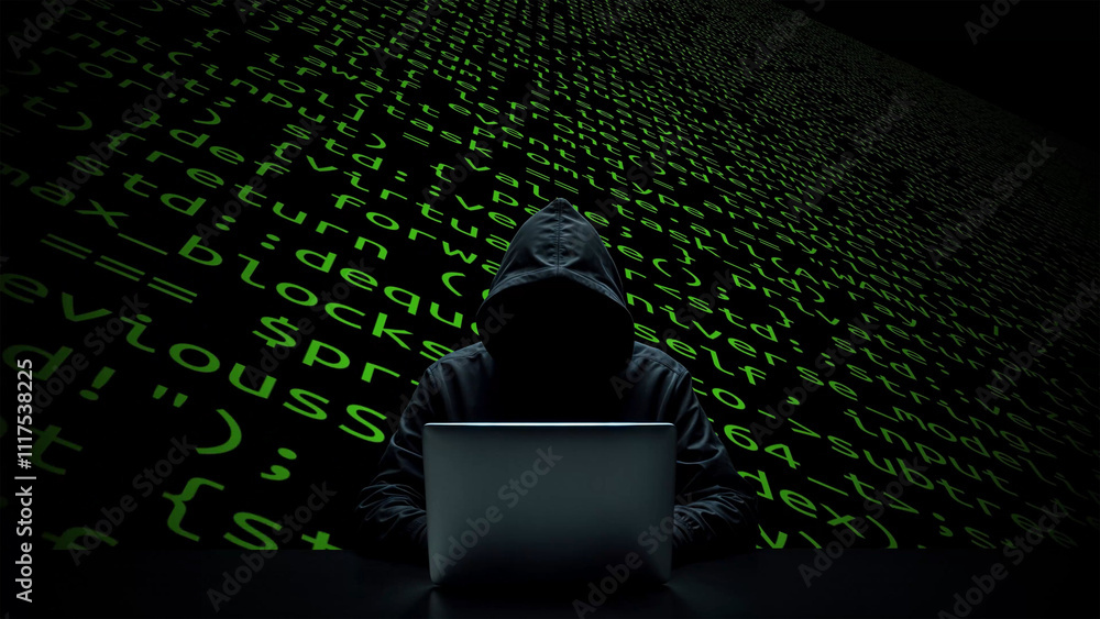 Poster hacker working on laptop on abstract digital background