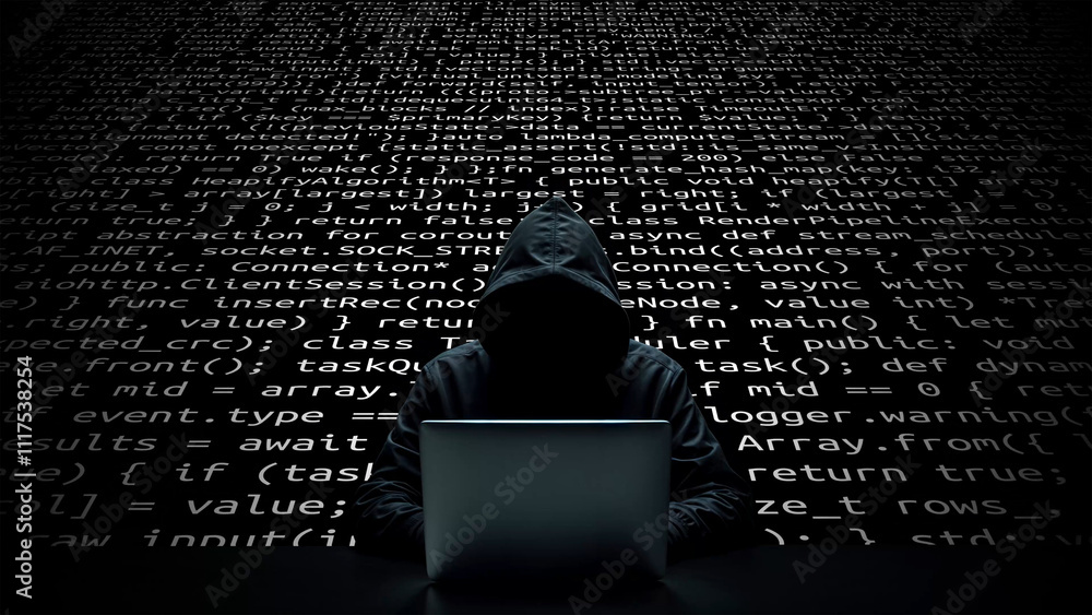 Poster hacker working on laptop on abstract digital background