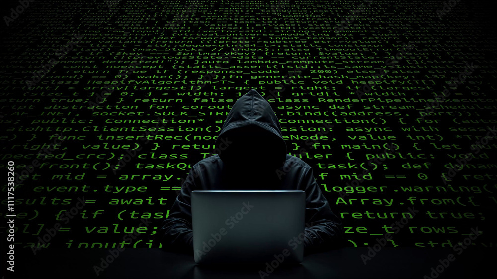 Poster hacker working on laptop on abstract digital background