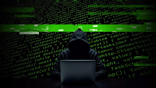 Hacker working on laptop on abstract digital background